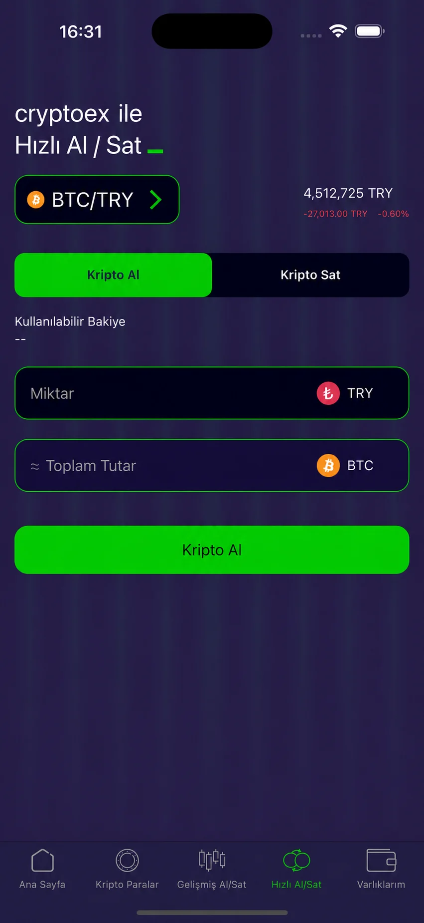 cryptoex örnek markasıyla mobil hızlı alım satım ekranı
